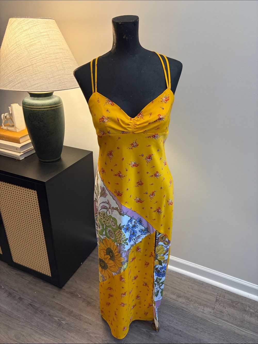 Urban Outfitters Country Cowgirl Yellow Floral Patchwork Print Maxi Slip Dress M